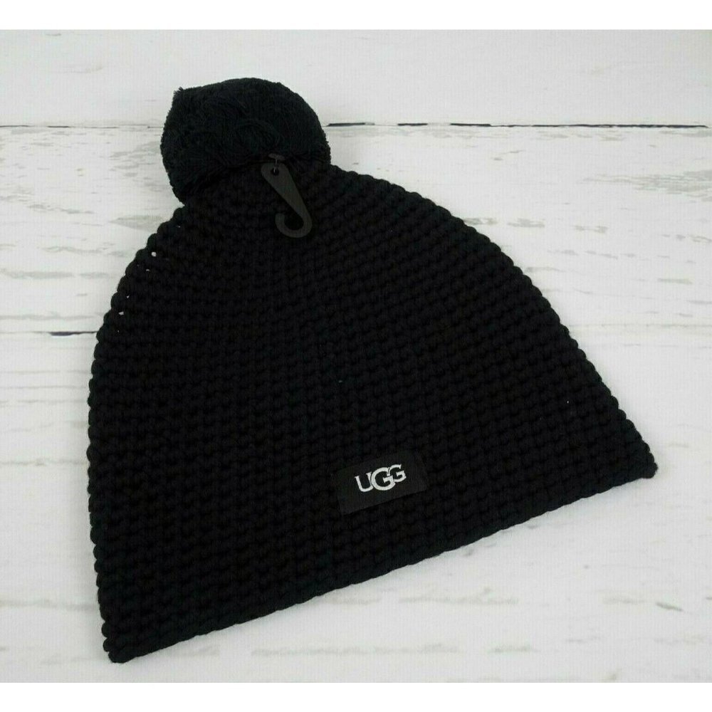 New UGG Pom Pom Knit Beanie Women's Men's Unisex Wool-Blend Logo OS Black